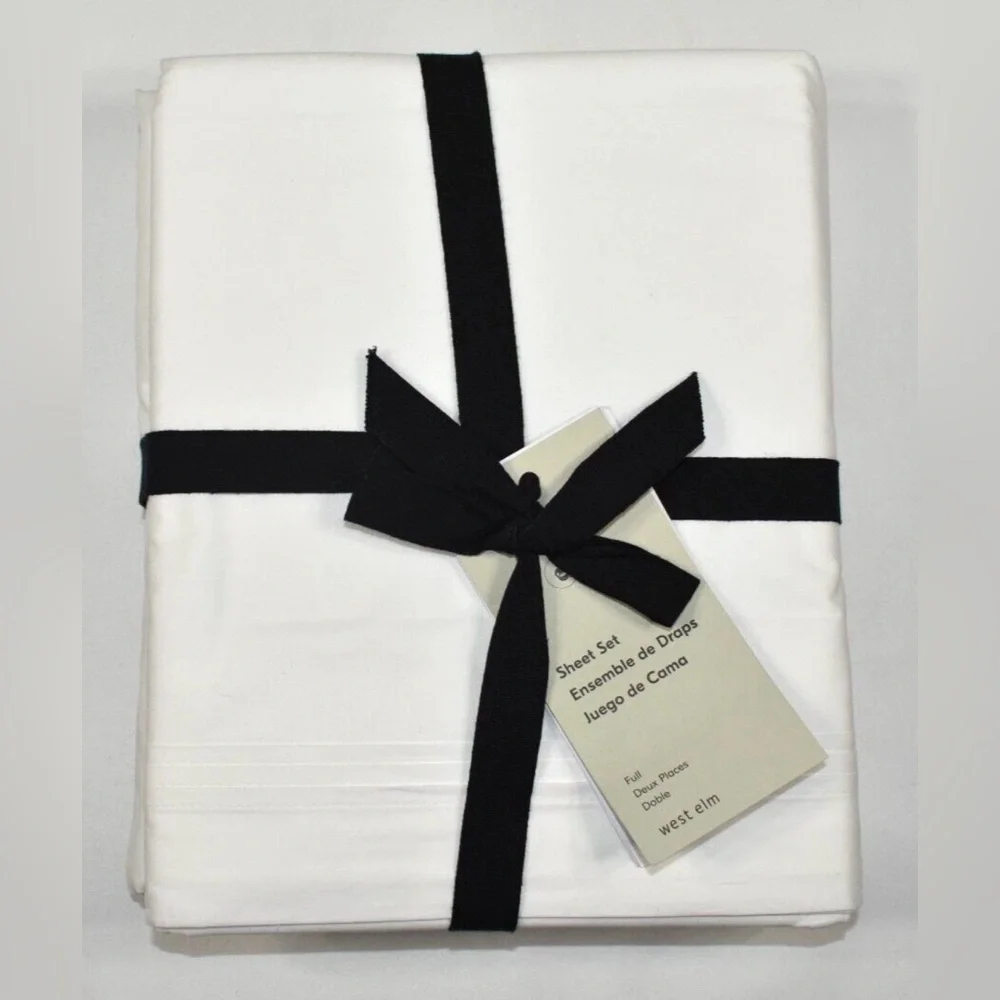 West Elm 400 TC Organic Sateen Wide Hem Full Sheet Set in White NWT